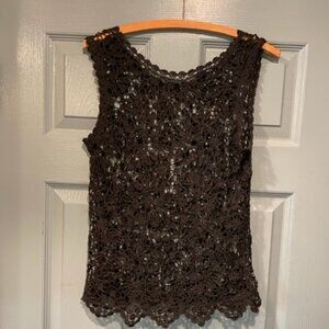 Crocheted/lacy boho black floral sleeveless top, never worn, 35" chest, 23.5" L